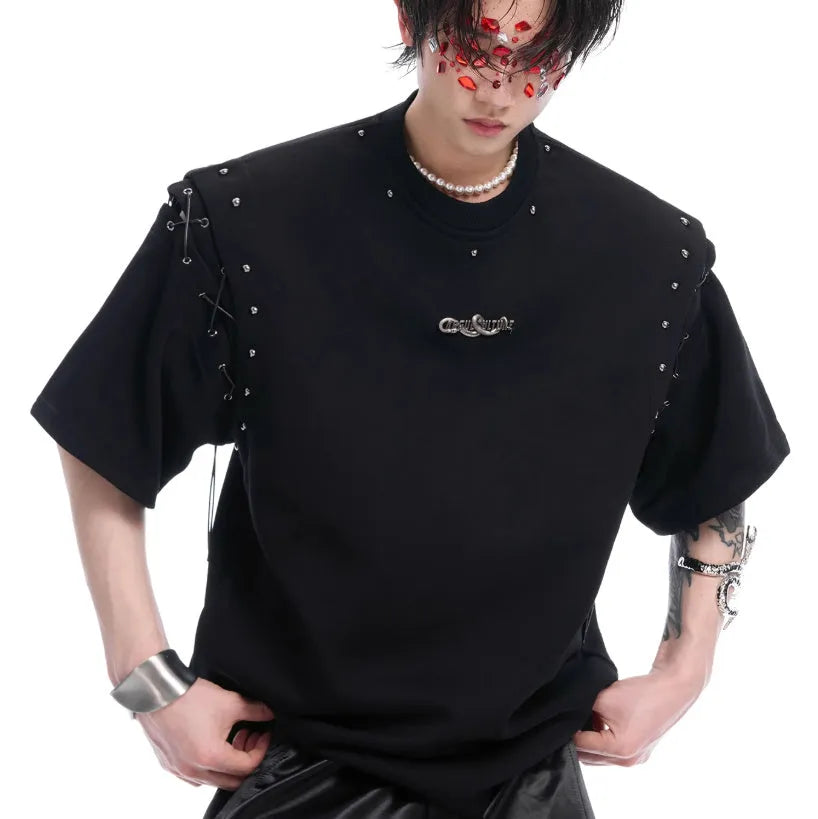 Women's black short sleeve t-shirt with a lace-up cutout design detail on the front