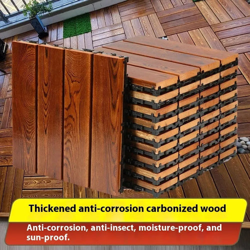 Square pine wood floor panel for balcony with 30cm dimensions and a brushed finish.