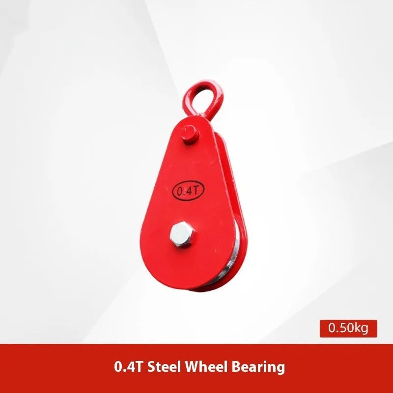 Red forged steel lifting pulley with a safety latch on the hook, for industrial wire rope use.