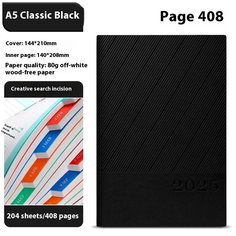 A4 striped PU leather business notepad open showing 80g wood-free paper