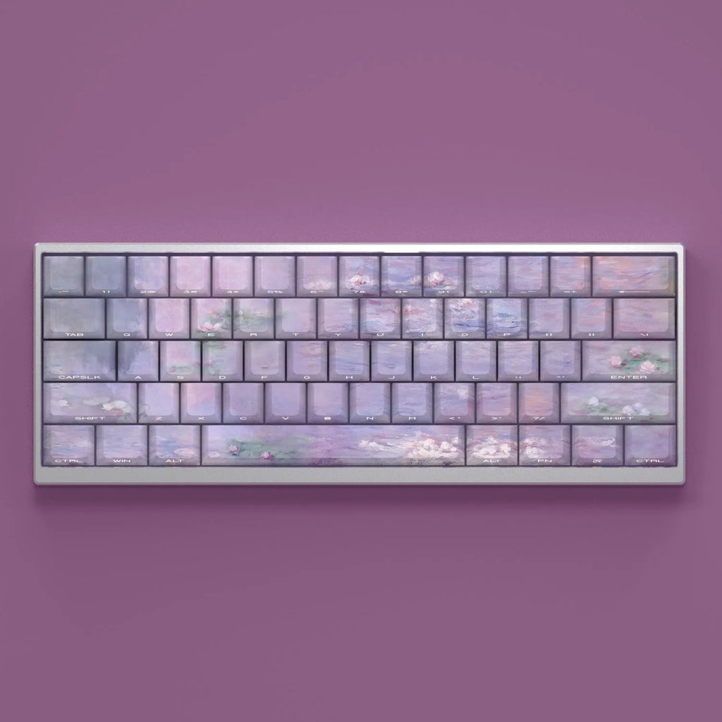 Water lily themed PBT keycap set with side-carved transparent characters for mechanical keyboards