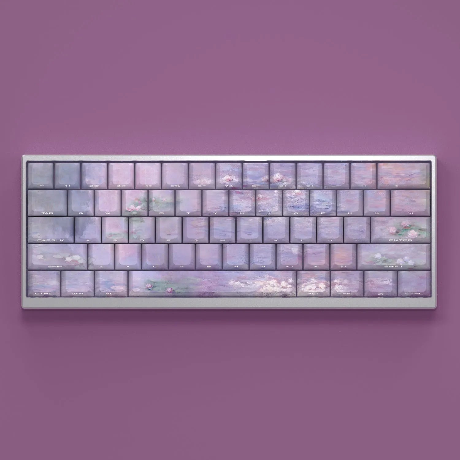 Water lily themed PBT keycap set with side-carved transparent characters for mechanical keyboards