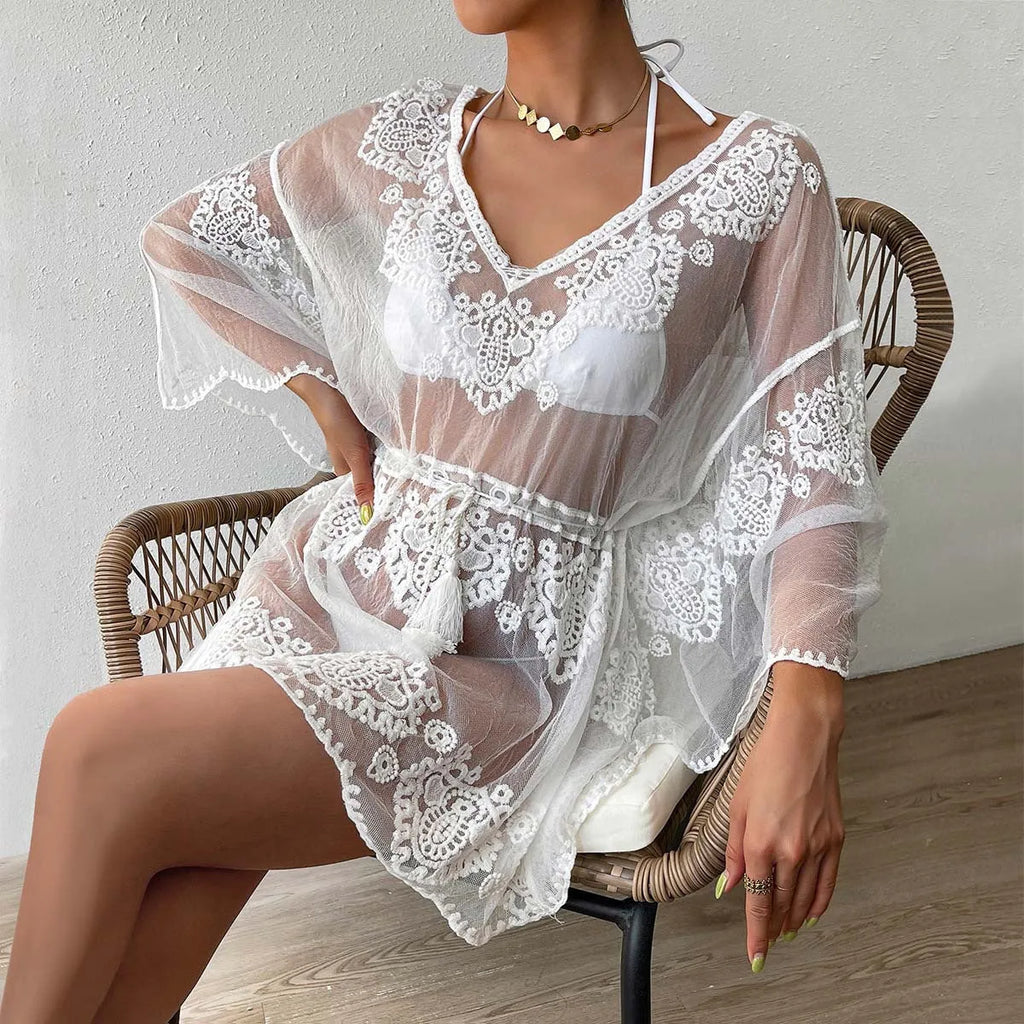 White women's beach cover-up blouse for swimming and sun protection