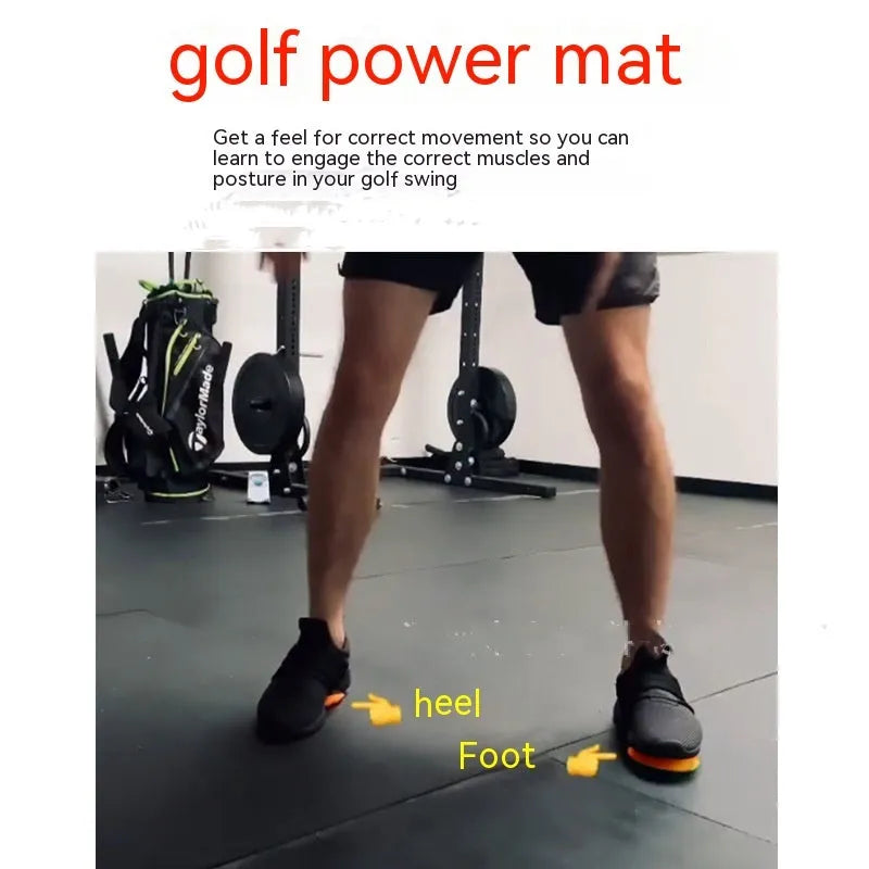 Orange golf training mat with red accents on natural rubber surface for centre of gravity practice