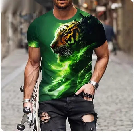 Men's black t-shirt with a detailed 3D fierce lion print on the front