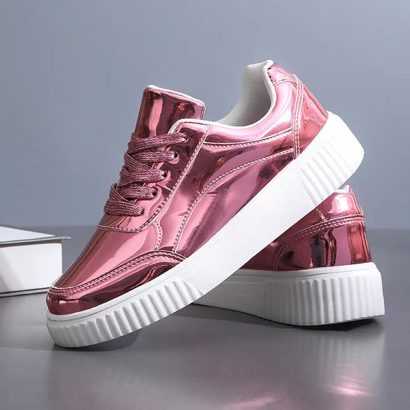 Rose gold and gold sequin platform sneakers with thick soles and round toe design