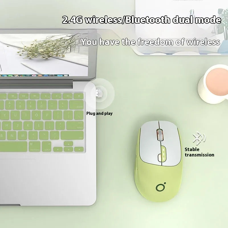 Mute wireless computer mouse in matcha green colour showing compact 110mm size with five buttons