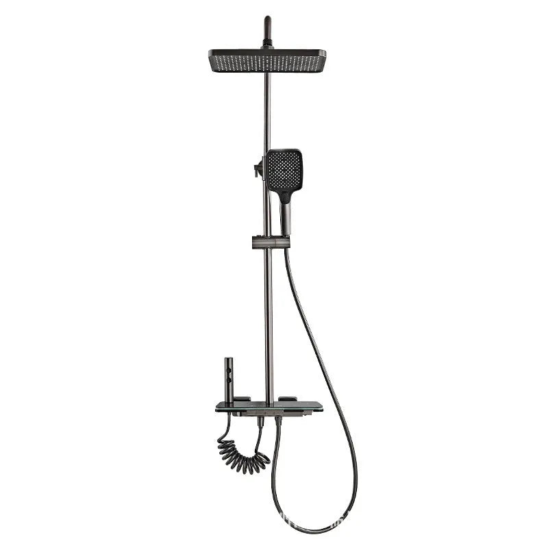 Aluminium digital display shower head set in white or grey finish with temperature readout.