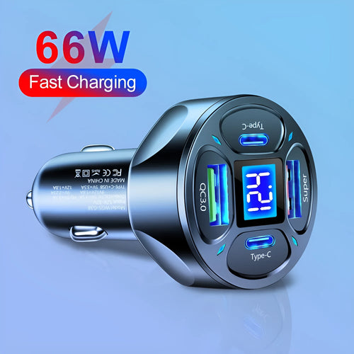 66W car charger with digital display showing 2 USB ports and 2 Type-C ports for vehicle charging