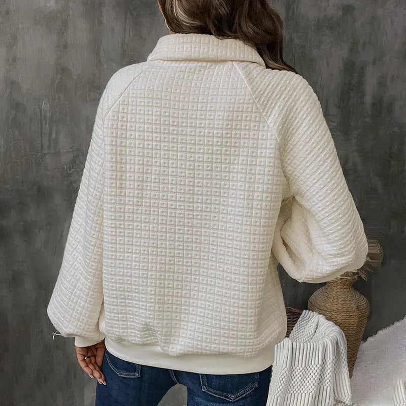Women's milky white beige polo collar pullover sweater made of thickened polyester fabric