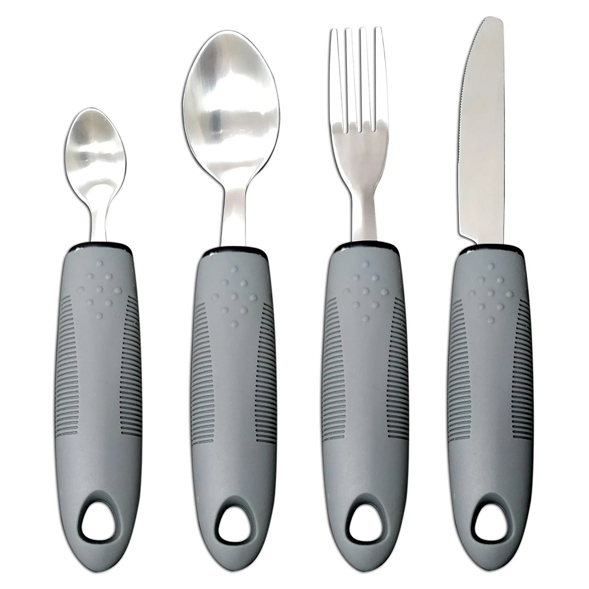 Stainless steel adaptive spoon with black rubber anti-shake handle for elderly food aid.