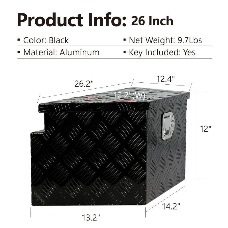 26-inch black aluminium toolbox with T-cast handle for tool storage