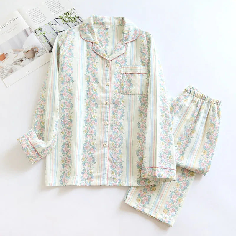 Japanese-style ladies' cotton gauze homewear set with long sleeves and trousers in colour stripe or fruit print patterns