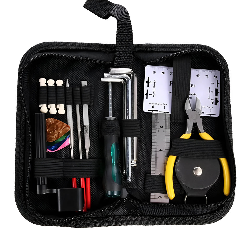 Black guitar repair tool kit for guitar bass mandolin banjo, case size 200x100x45mm