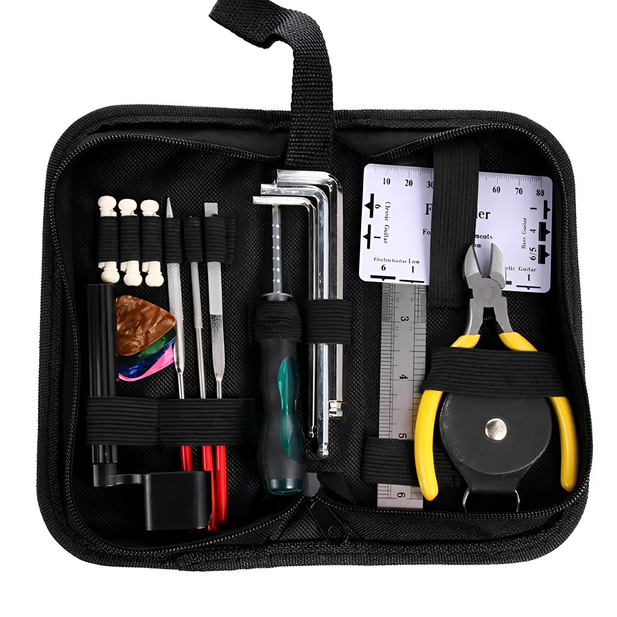 Black guitar repair tool kit for guitar bass mandolin banjo, case size 200x100x45mm