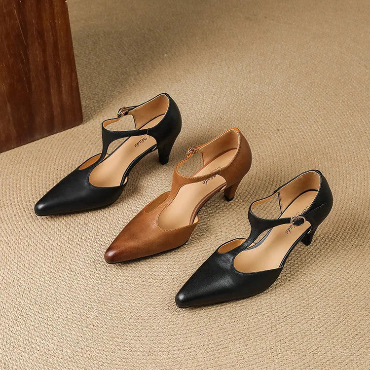 Brown retro women's sandals with a T-strap buckle, closed round toe, and a stout high heel.
