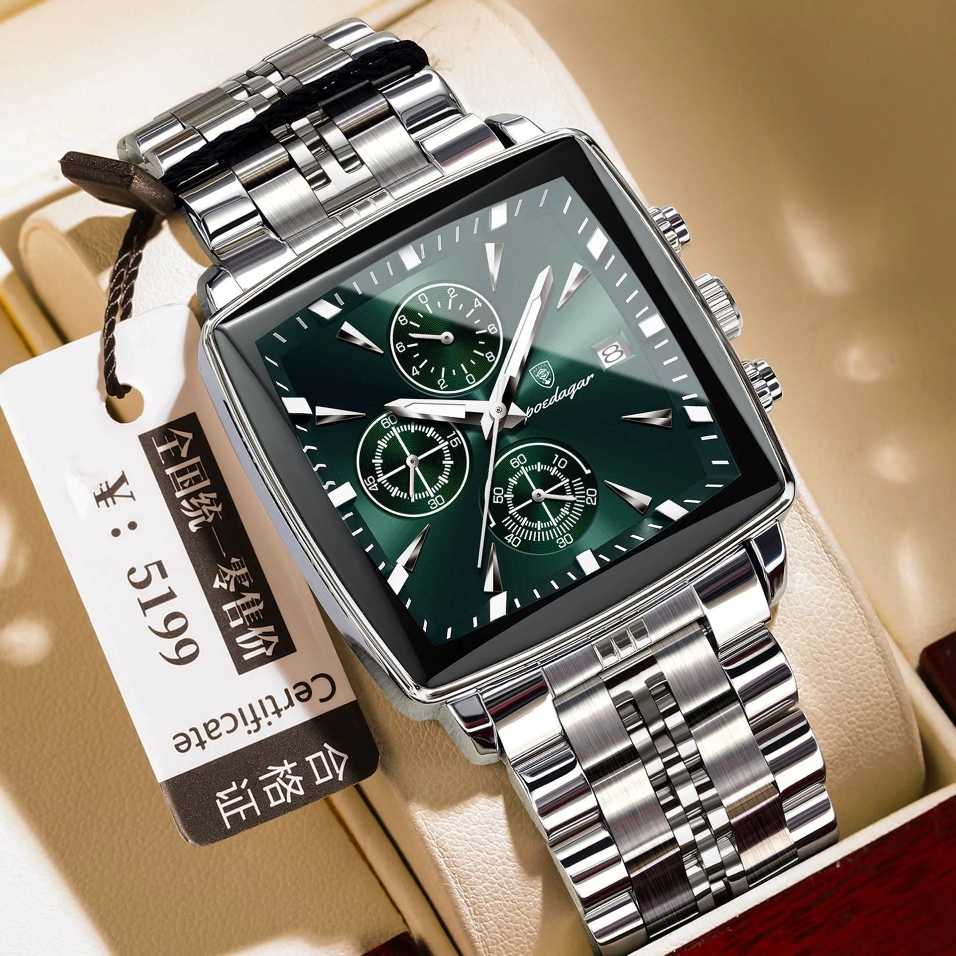 Square men's business watch with stainless steel strap showing gold case with blue dial colour option