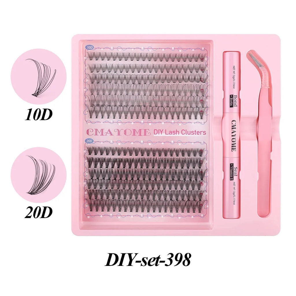 DIY single cluster individual false eyelashes set on white background, showing thick mixed split type artificial fibre lashes.