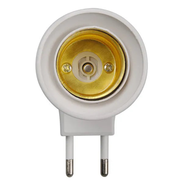 White bakelite wall plug-in E27 lamp holder with switch, showing AU, EU and US plug adapters.