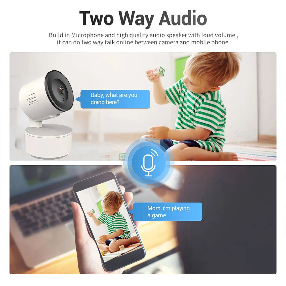 Smart WiFi indoor security camera with 1080P HD resolution and motion tracking capability