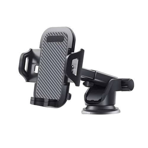 Black car phone holder made of ABS plastic and EVA foam for 4 to 7 inch mobile phones.
