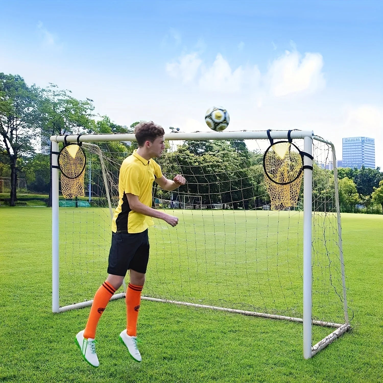 Portable soccer training goal with net measuring 183cm wide by 91cm tall