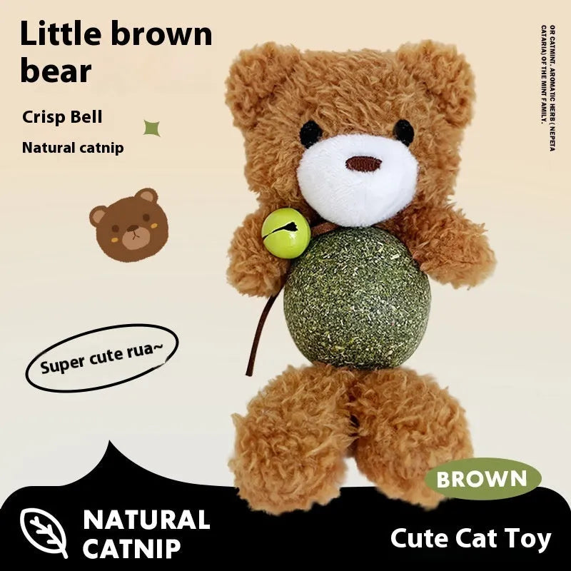 Plush cat toy with bell and mint ball in Brown Bear design, measuring 15cm tall