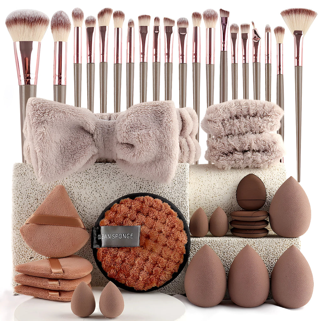 Beauty tools combination suit for face wash and makeup in brown, pink, purple colours
