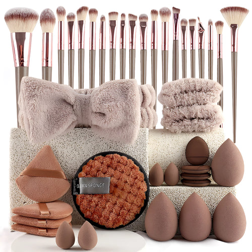 Beauty tools combination suit for face wash and makeup in brown, pink, purple colours