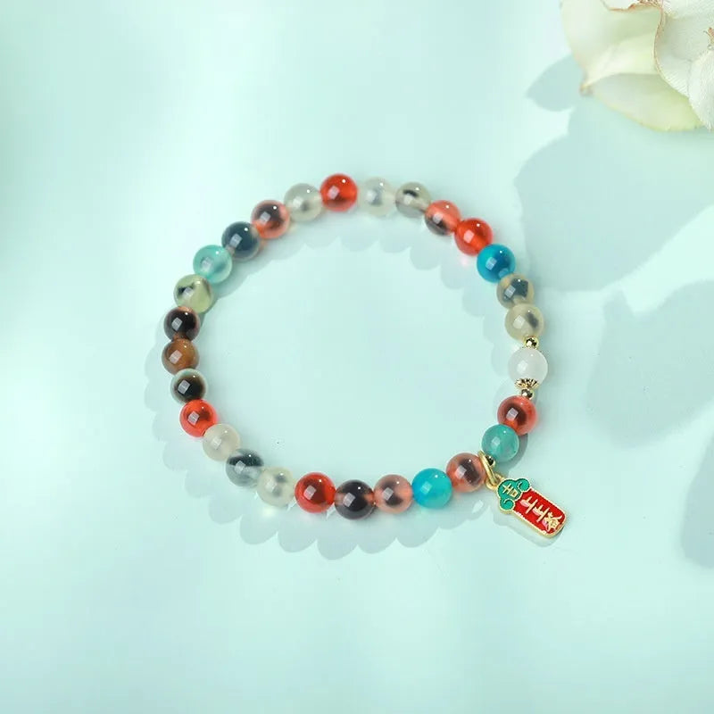 Natural colourful sugar heart agate bracelet with traditional Chinese symbols and copper coin elements on snake chain