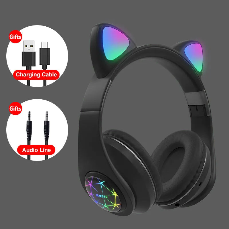 Cat ear wireless sports Bluetooth headphones in multiple colours showing head-mounted design