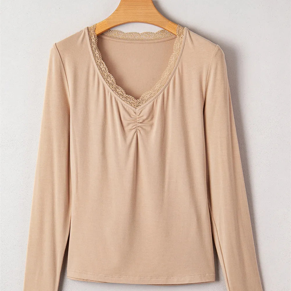 Women's red lace trim long sleeve casual top with slim fit silhouette