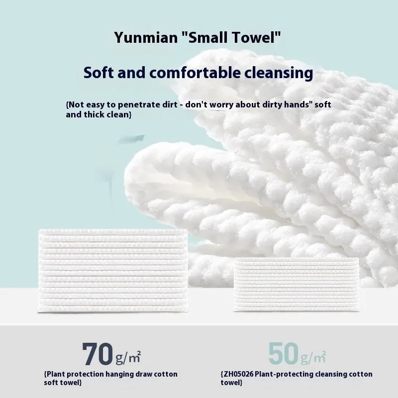 Roll of 100 disposable white face cloths on a hanging dispenser.