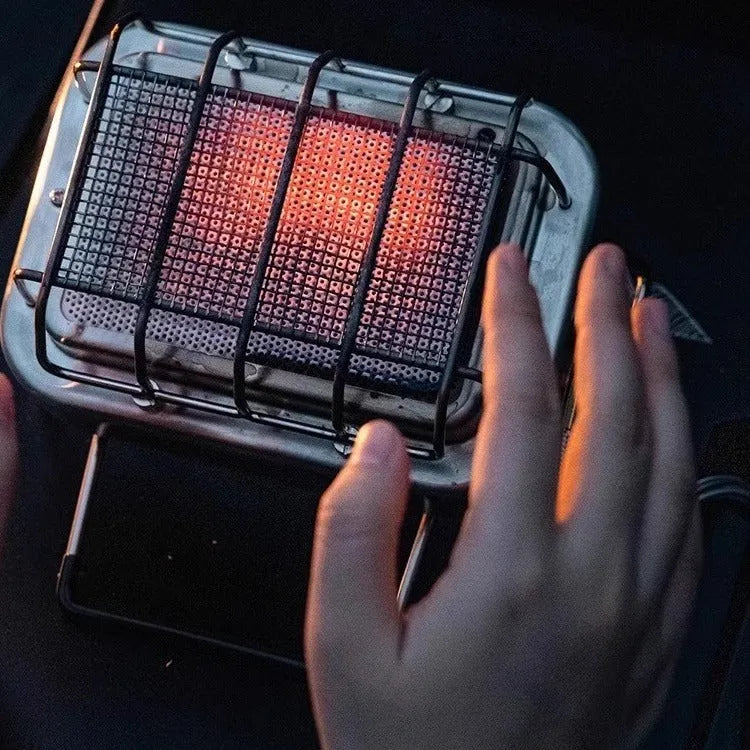 Portable outdoor heating stove with metal finish showing expanded and collapsed sizes