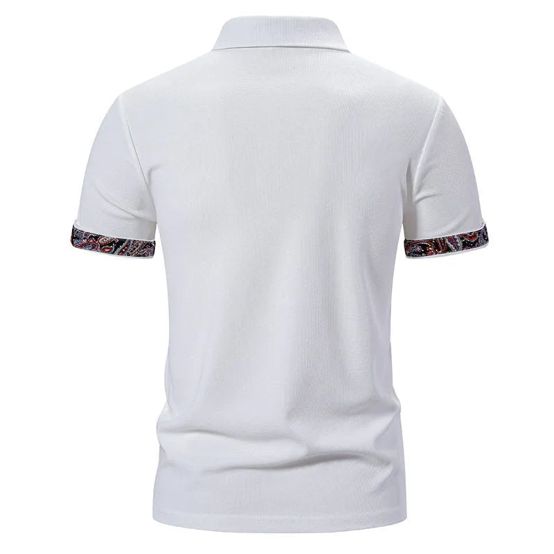 Men's cotton blend polo shirt with colour stitching on turnover collar in white, black, navy blue options