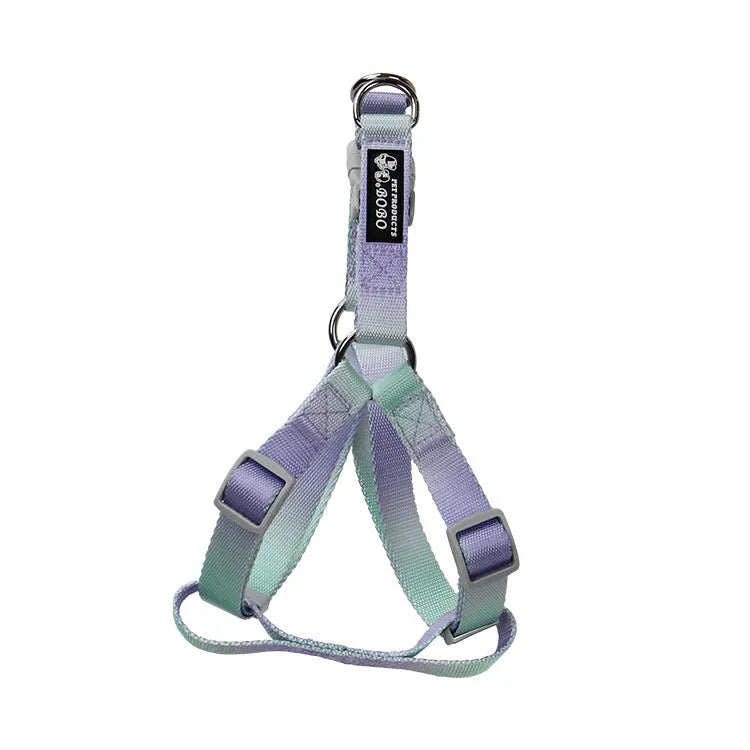 Gradient colour nylon dog leash set with collar, bracelet, and chest strap options in pink/yellow and purple/green combinations