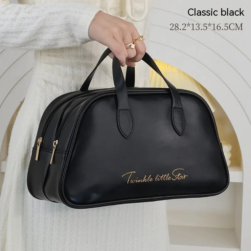 Large capacity caramel mocha PU leather toiletry bag with double layer waterproof design and wet dry separation for travel makeup storage
