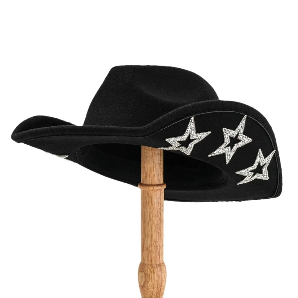 Polyester woolen felt western denim top hat with conical crown and hexagonal star decoration in size M