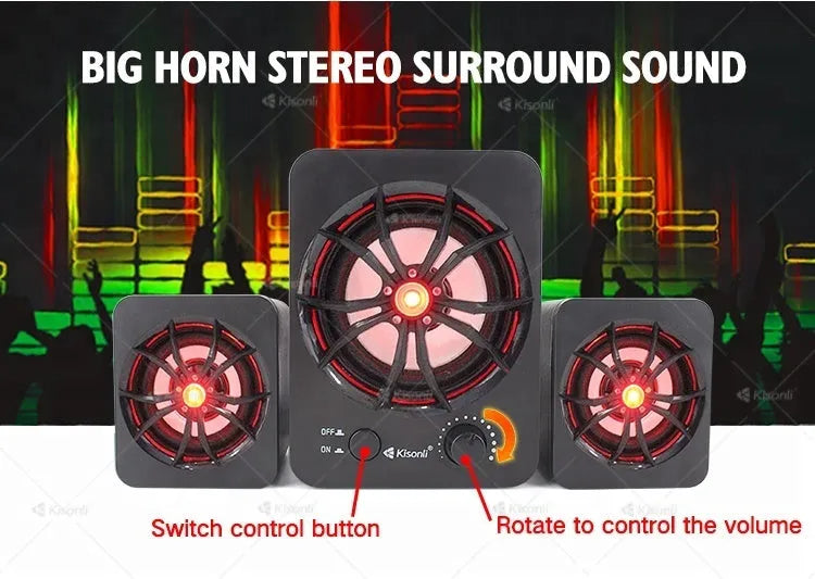 Green 2.1 USB computer speaker with colourful LED lights and mini portable design.