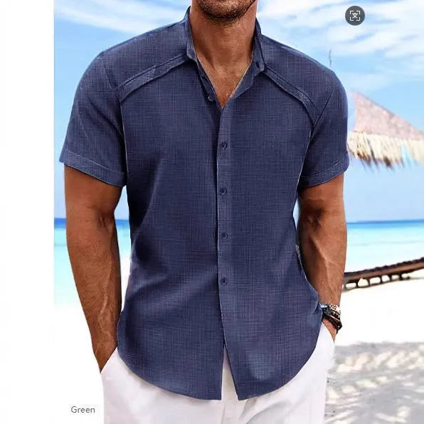 Hawaiian casual short sleeve shirt in solid colour cotton blend fabric for summer wear