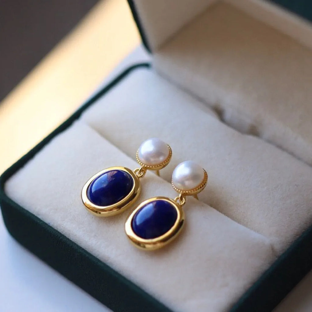 Lapis lazuli pearl sterling silver earrings with 925 purity and simple style