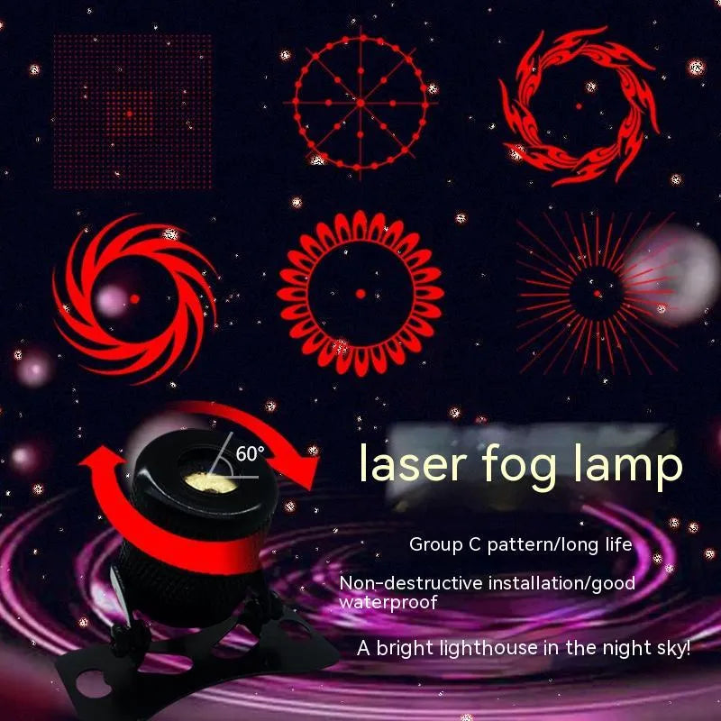 Compact aluminium laser fog lamp with red lens and adjustable bracket for car or motorcycle.