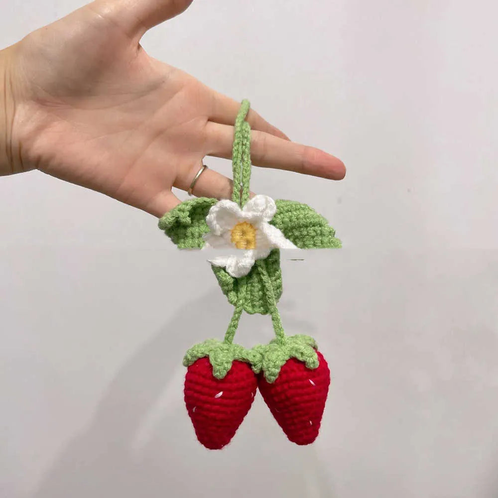 Handmade strawberry-shaped car pendant woven from cotton and hemp with Lily of the Valley hook knitting wool technique