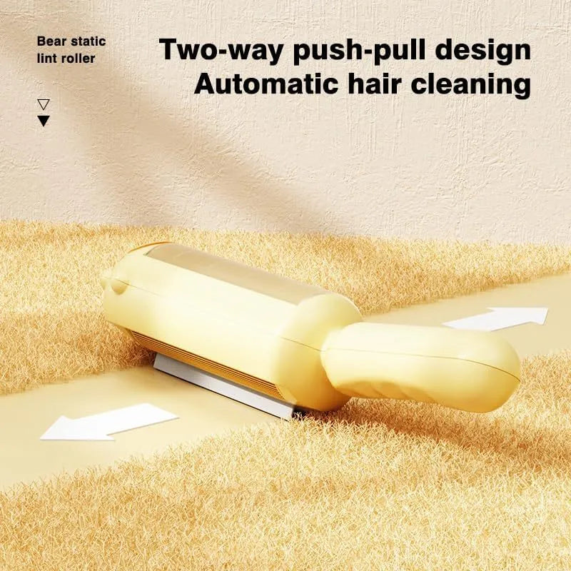 Blue pet hair remover roller with a self-cleaning base for furniture and cars.