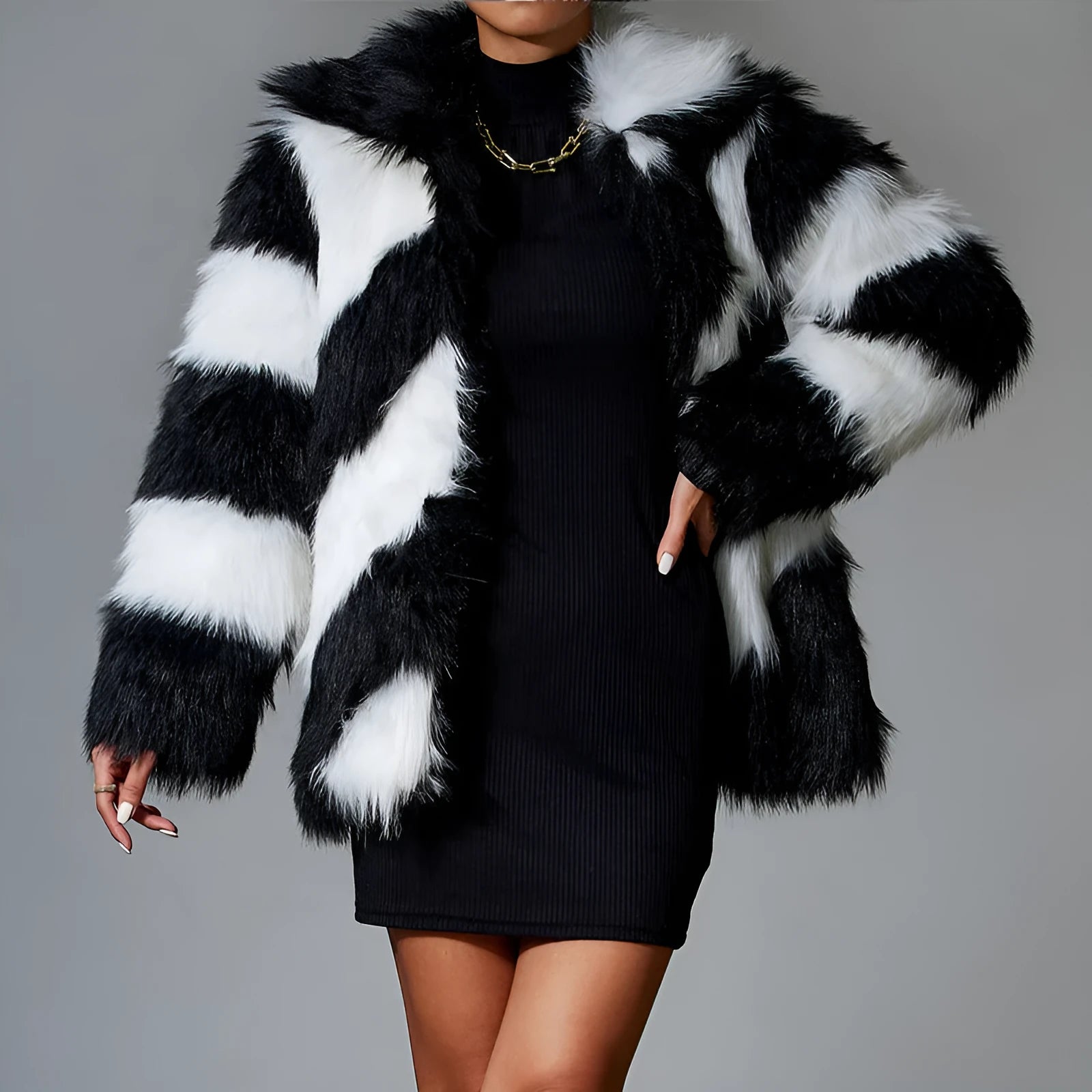 Women's faux fur coat with contrast colour lapels and detachable fur collar in picture colour option