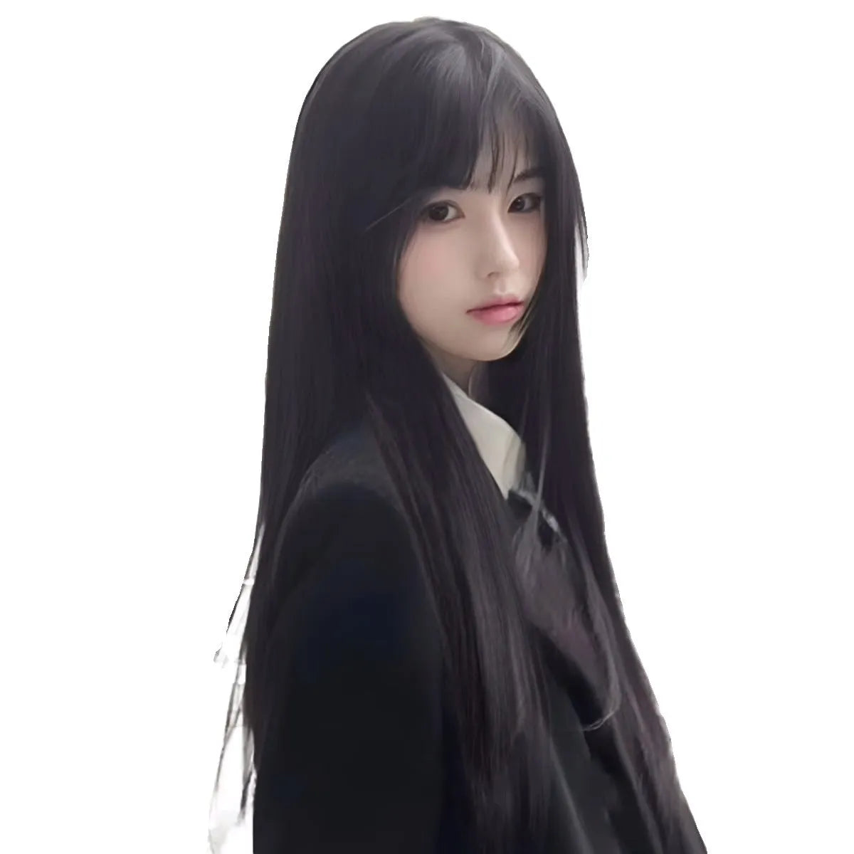 Straight black synthetic wig with bangs for women in brown-black colour