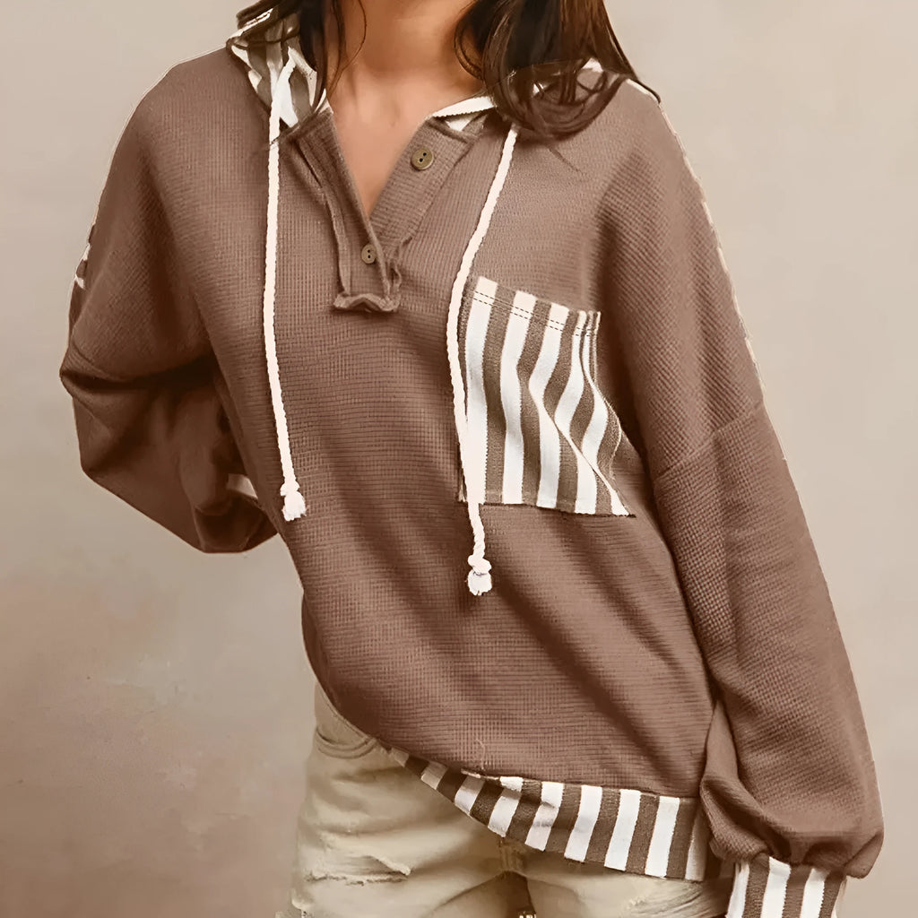 Straw yellow women's hoodie with waffle texture striped patchwork design and button neck