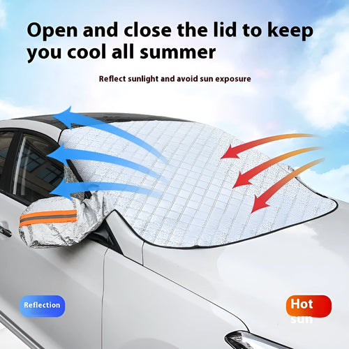 Winter car windshield cover with aluminium foil and reflective stripes for frost protection