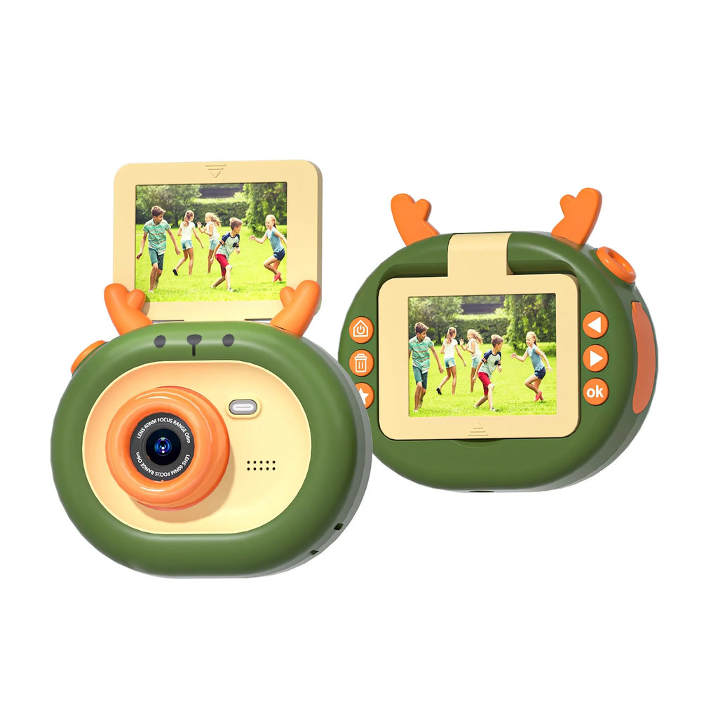 Purple children's digital camera with flip screen showing HD resolution display