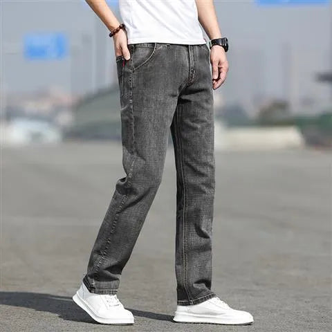 Men's smoky grey rabbit fur jeans with straight cut and low waist design